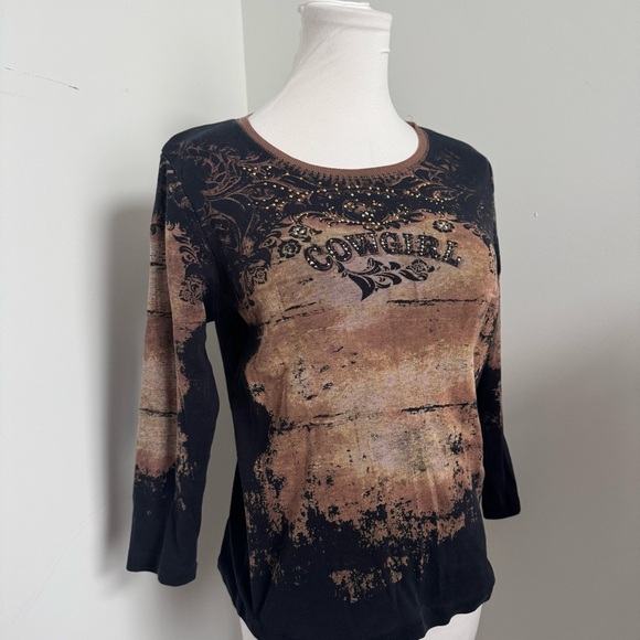 Vintage Y2K Rhinestone “Cowgirl” Graphic Top – Western Rodeo Grunge Shirt L - Picture 2 of 6